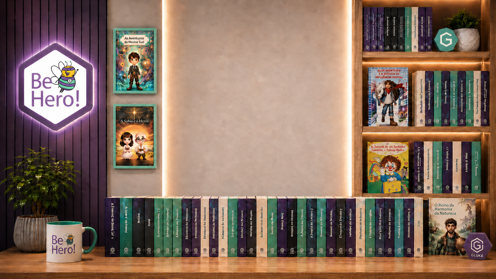 Estúdio de leitura Be Hero com acervo de livros publicados, caneca, quadros verdes, logo em neon e peça de porcelana GLUKE